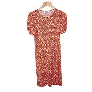 Boden Geometric Print Jersey Knit Puff Sleeve Dress Orange Women’s US 4 Boho